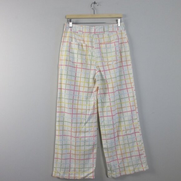 Modcloth Women's Wide Leg Pants 8 Ivory Linen Viscose Rainbow Plaid Preppy 306 - Picture 2 of 11